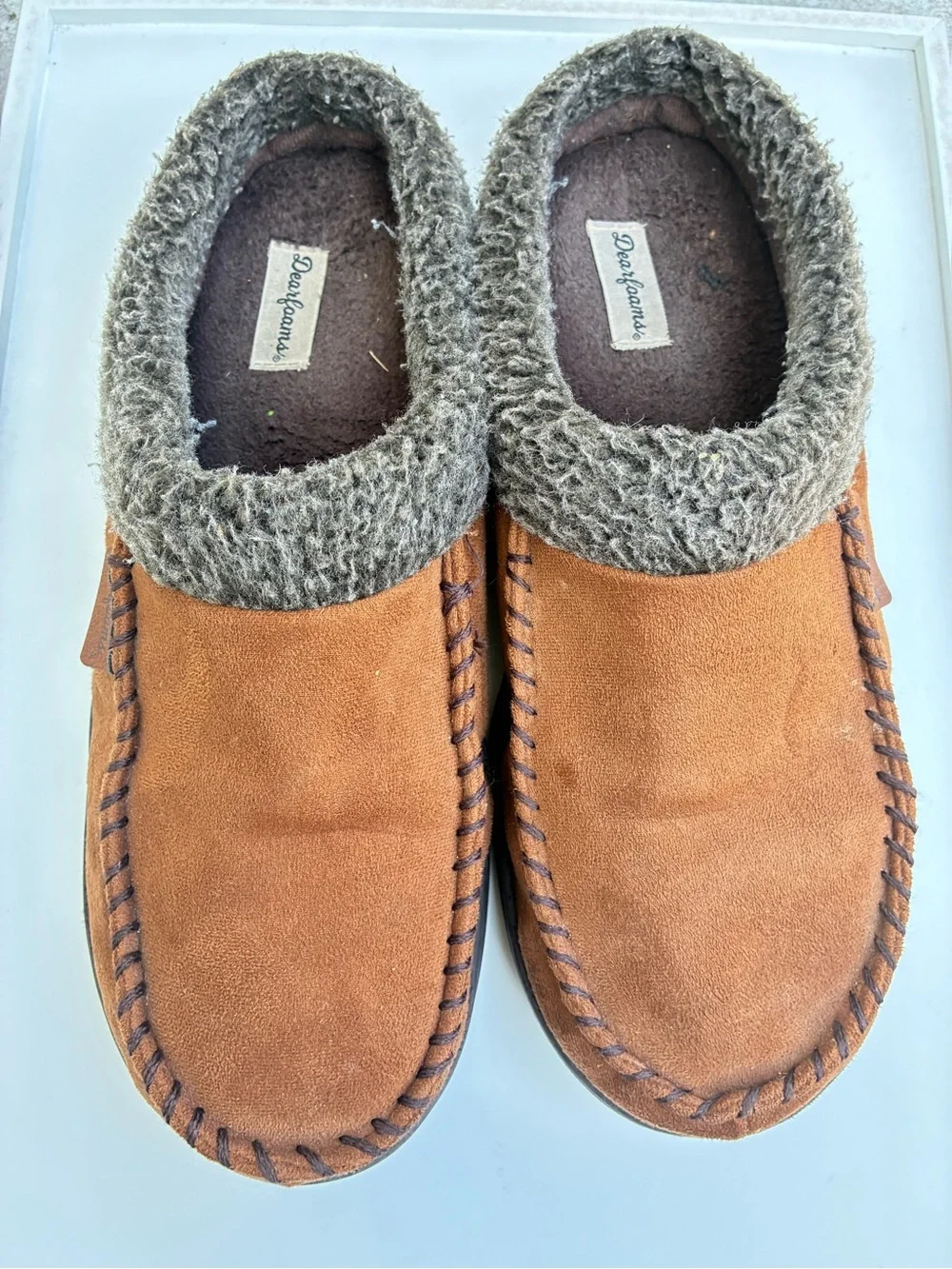 dearfoams Chestnut Suede Moccasin Slippers with Gray Knit Collar